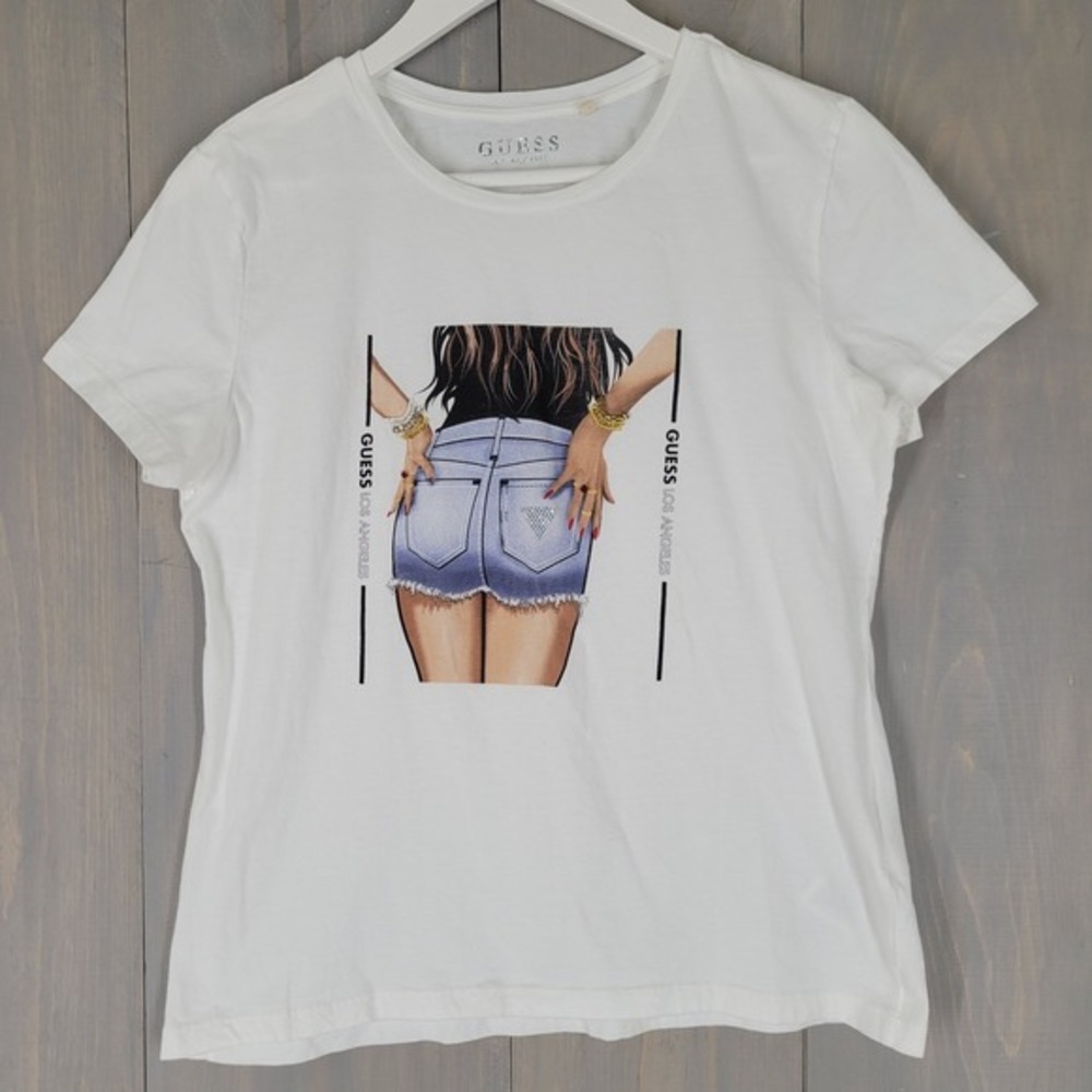 Guess Embellished Graphic T-Shirt Women Medium White Rhinestone Short Sleeve Tee